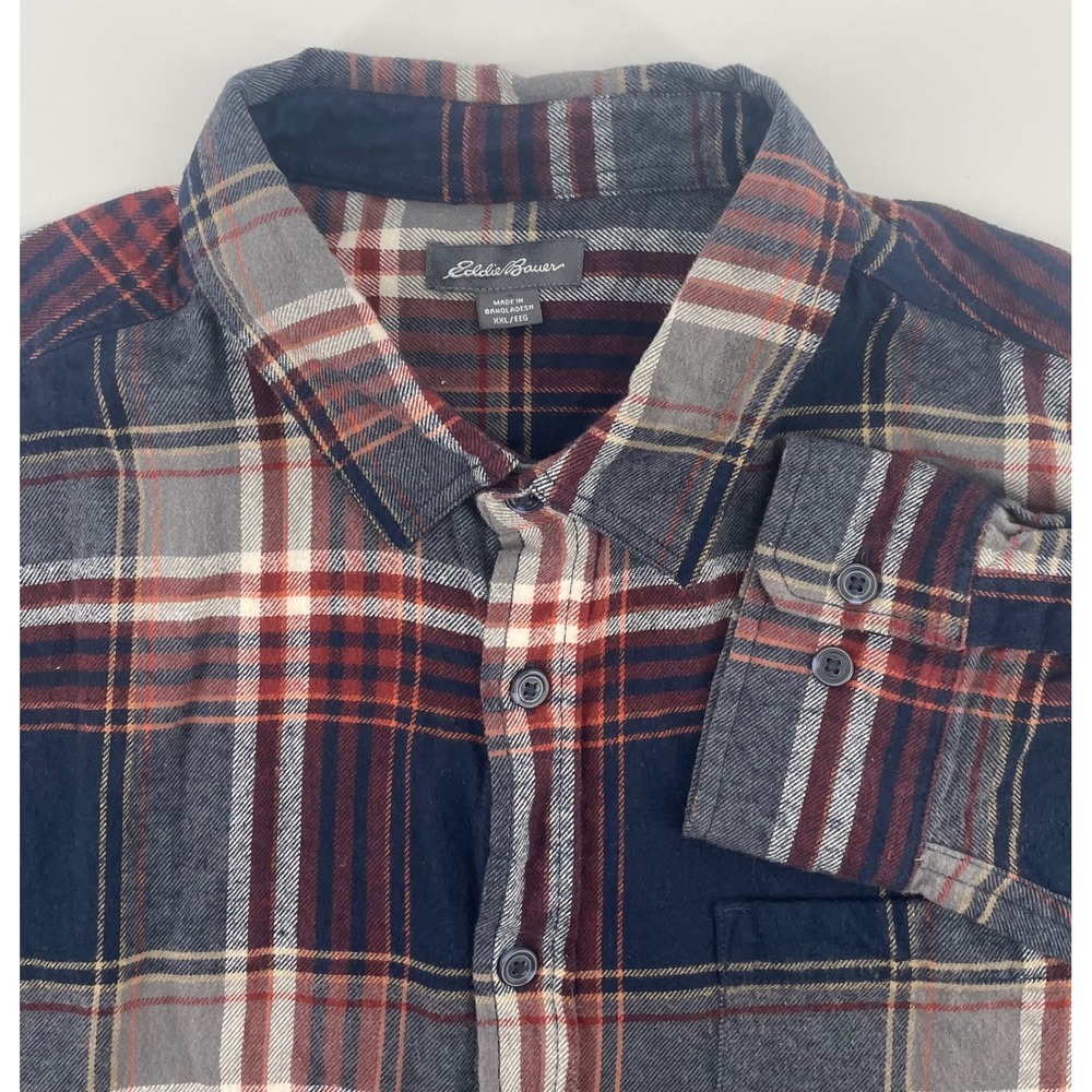 Eddie Bauer XXL Flannel Shirt Mens Blue Multi Plaid Button Up Long Sleeve